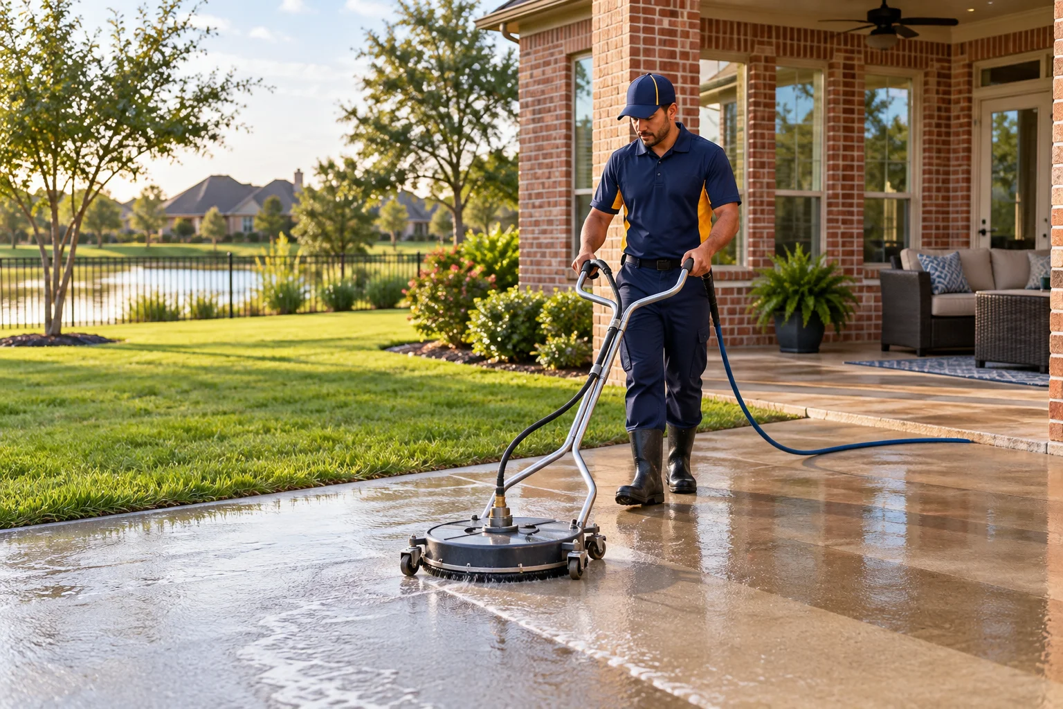 Window Cleaning & Home Services uniformed technician cleaning a concrete patio in Fort Bend County, TX