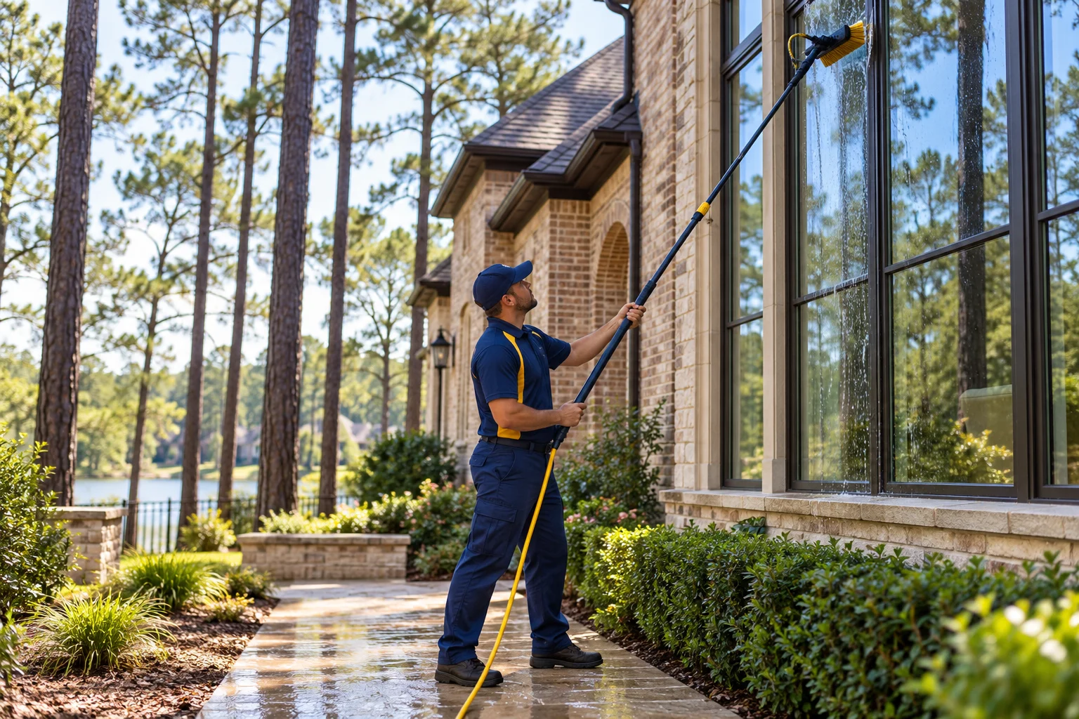 Window Cleaning & Home Services uniformed technician cleaning windows beside tall pine trees in Montgomery County, TX