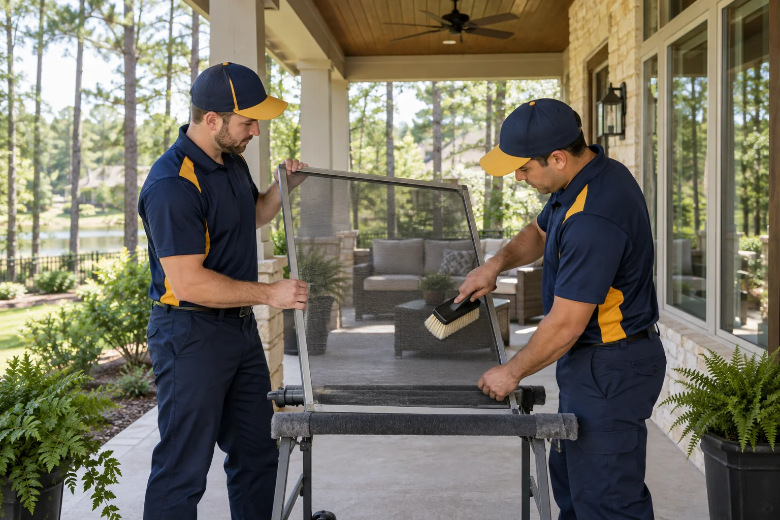 Window Cleaning & Home Services near me — uniformed technicians cleaning a window screen on a porch in Montgomery County, TX